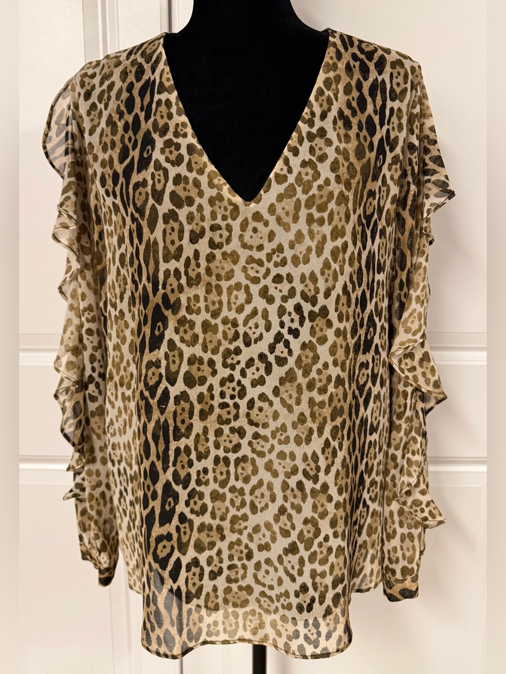 Calvin Klein Leopard Print Ruffle Sleeve Blouse